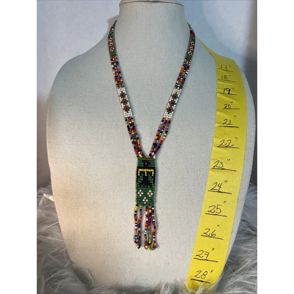 VTG Native American Handmade Seed Beaded Necklace Thunderbird Design Multicolor